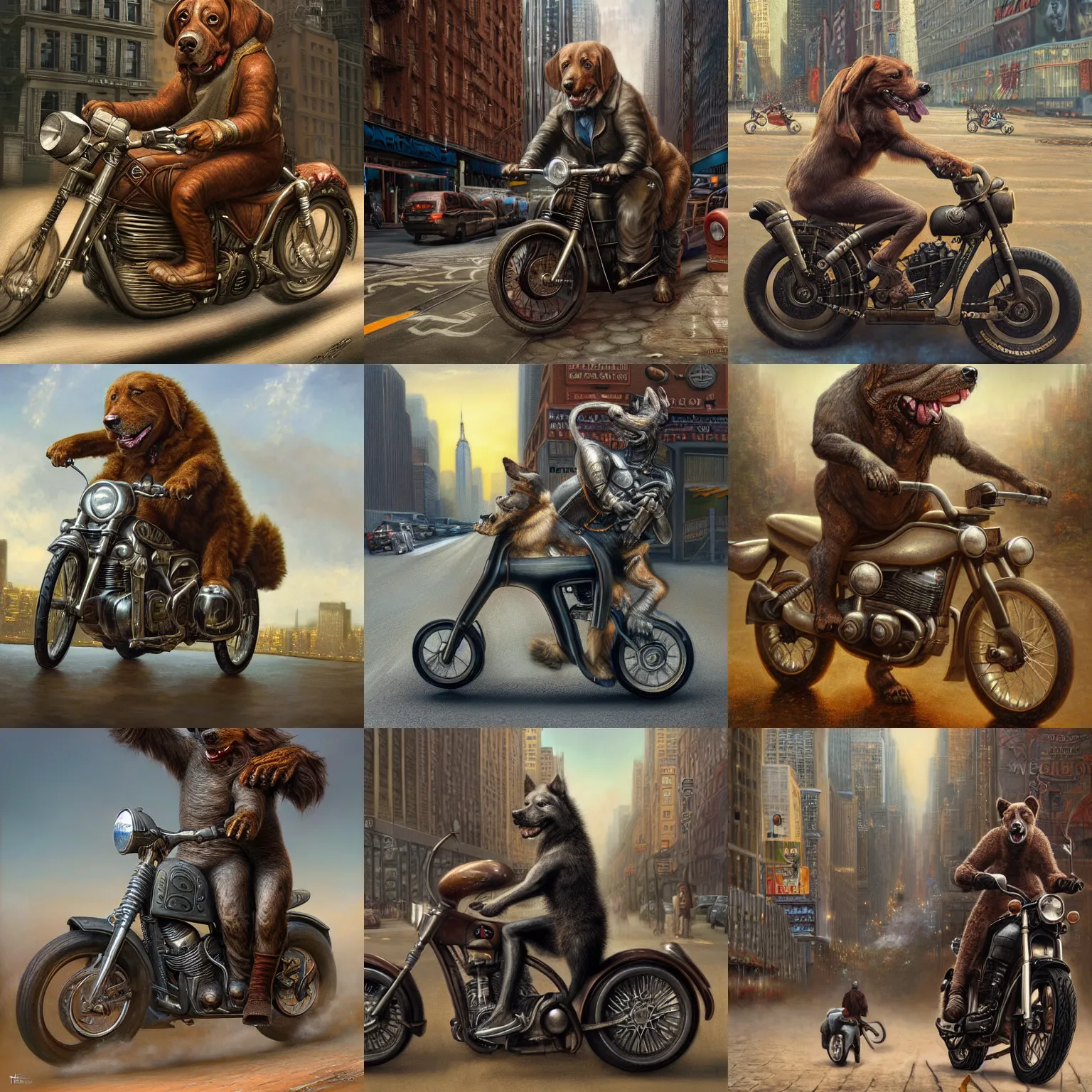 Prompt: a anthropomorph dog man riding a motorbike in New York ultra detailed, 8k, by Tomasz Alen Kopera and Tony Sart