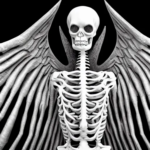 Image similar to Black and white photograph of a big white tall skeleton with wings and horns on the backrooms, 4K, highly detailed, surrealist, weird, strange, uncanny, odd, eerie, mysterious