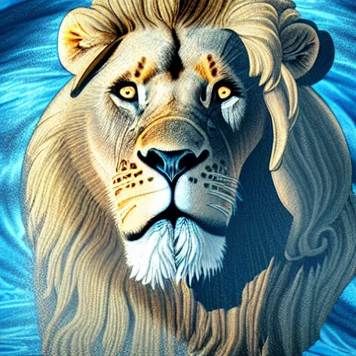 Image similar to a male lion's face breaching through a wall of water, water sprites, splashing, deep blue water color, highly detailed, realistic digital art