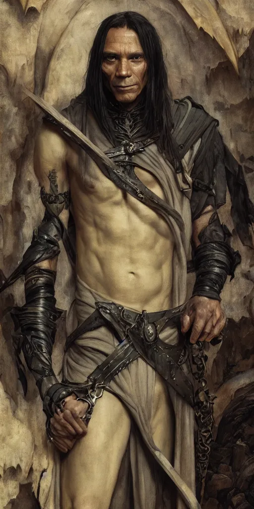 Image similar to zahn mcclarnon, thief, underworld boss, tattoos, crime, dungeons and dragons, fame of thrones masterpiece by edgar maxence and ross tran and michael whelan, gustav dore, 8 k, octane render