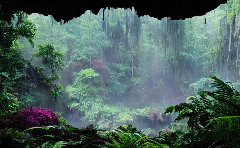 Image similar to a beautiful render of a dark prehistoric rainforest in a humongous cave, lush flora, patches of sky, magenta, green, sunset, floating mountains and a waterfall in the background, intricate detail, hazy, humid, volumetric lighting, 8 k, photorealistic, raytracing effects, unreal engine 5