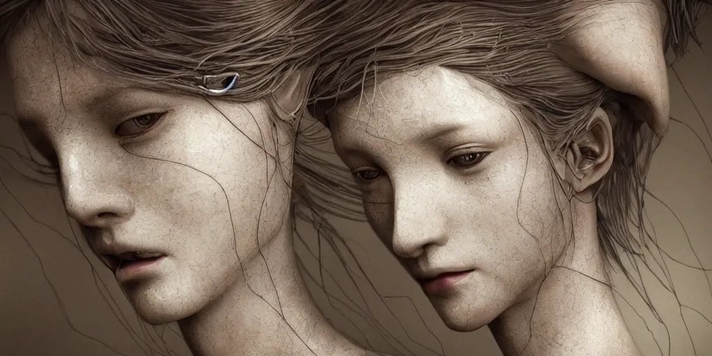 Prompt: hyperrealistic photography of a stunningly cyborg female, intimate,, kissing, delicate threads, in the style of beth cavener, jin kagetsu,, and wlop, highly detailed, intricate filigree, chrome face symmetry, masterpiece, award - winning, sharp focus, concept art, high key, ambient lighting, 8 k, octane render, artstation