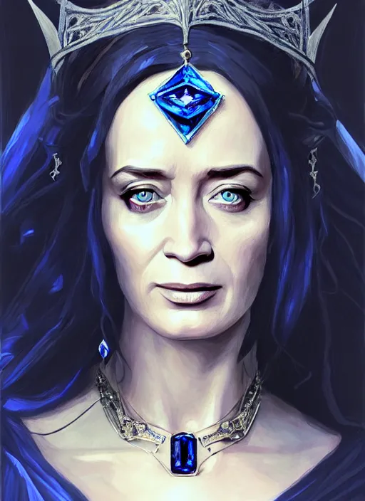 Image similar to portrait of emily blunt as witch queen, jewelry, greek, sapphire, victorian age, 1 8 9 0, intricate, headshot, key visual, conceptart, ambient lighting, highly detailed, digital painting, artstation, concept art, sharp focus, by makoto shinkai and akihiko yoshida and greg manchess