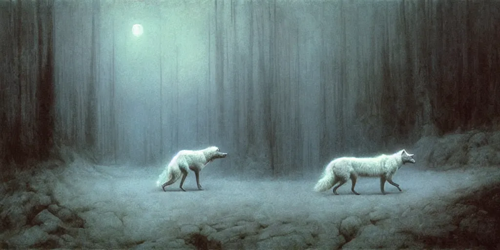 Prompt: a white wolf walks through a nightmare landscape, sad, emotive, high detail, by beksinski and ruan jia