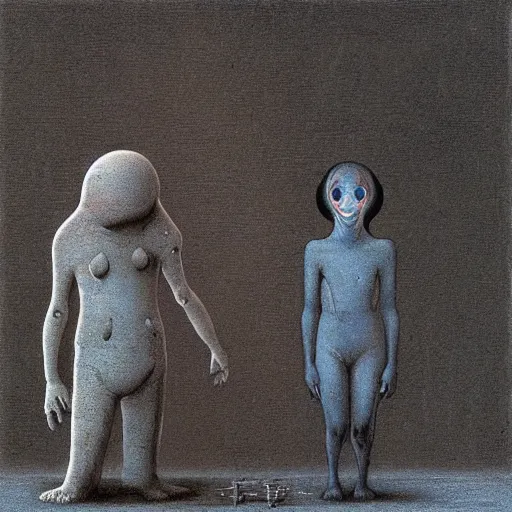 Image similar to cute girl alien meets human boy from Earth by Beksinski