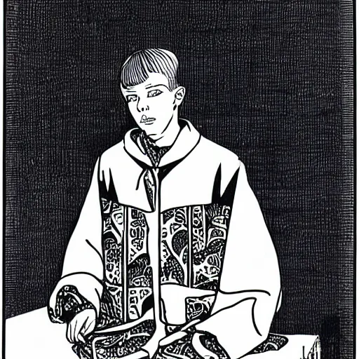 Image similar to Yung Lean, portrait, b&w, woodblock print, by Aubrey Beardsley