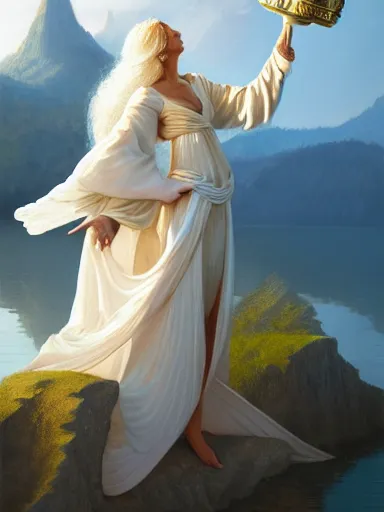 Prompt: an angel large wings and white robe holding a golden chalice in a lake with the sun rising above the mountains in the background. intricate, elegant, highly detailed, digital painting, artstation, concept art, sharp focus, illustration, by justin gerard and artgerm, 8 k