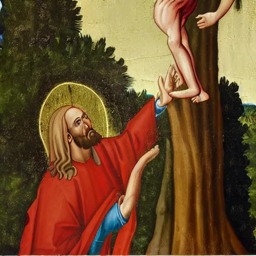 Prompt: jesus comes down to earth to slap a cat off of a tall tree, religious painting, oil painting