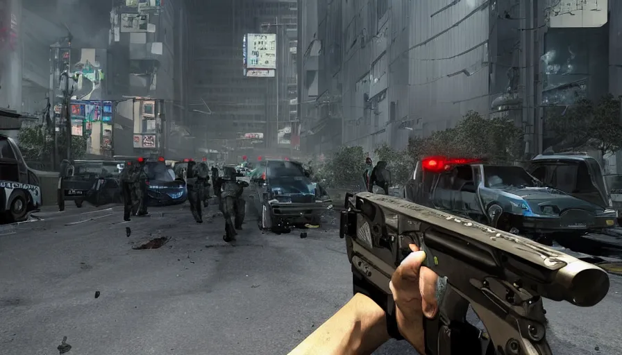 Prompt: 2020 Video Game Screenshot, Anime Neo-tokyo Cyborg bank robbers vs police, Set inside of the Bank, Open Vault, Multiplayer set-piece Ambush, Tactical Squads :19, Police officers under heavy fire, Police Calling for back up, Bullet Holes and Realistic Blood Splatter, :6 Gas Grenades, Riot Shields, Large Caliber Sniper Fire, Chaos, Metal Gear Solid Anime Cyberpunk, Akira Anime Cyberpunk, Anime Bullet VFX, Anime Machine Gun Fire, Violent Action, Sakuga Gunplay, Shootout, :14 Inspired by the film Akira :19 , Inspired by Intruder :11 Cel Shaded by Katsuhiro Otomo: 19, 🕹️ 😎 🚬