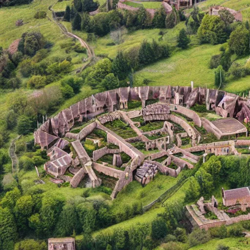 Prompt: Aerial establishing shot of a medieval village surrounded by circular wood palisade