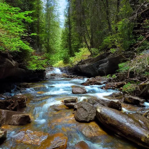 Image similar to sitting by a gently flowing stream in the coolness of a canyon rich in towering evergreens