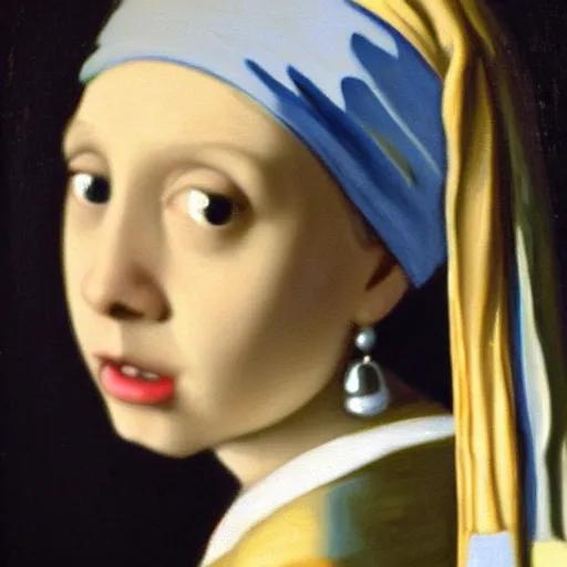 Prompt: a portrait of a young girl wearing a pearl earring. The girl is looking over her shoulder at the viewer with a sly expression on her face. naturalistic style with soft, muted colors. The girl's face is the only part of the painting that is in sharp focus. The rest of the painting is done in a soft, blurry style. The girl's face is lit from the left, creating a soft, halo-like effect around her head. The pearl earring is the only source of light in the painting. an oil tronie painting by Johannes Vermeer.