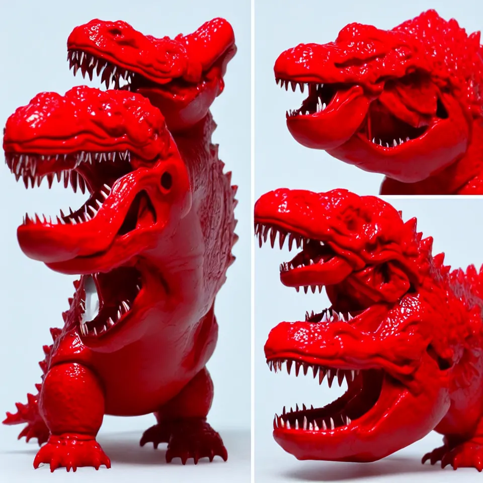 Prompt: a glossy, red blank, cute, chibi t - rex kaiju sofubi, promo shots front and side view