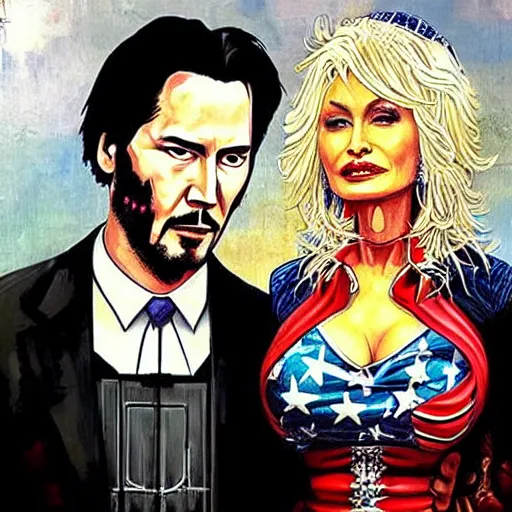 Image similar to American Gothic, with Keanu Reeves and Dolly Parton, by MARVEL comics and Sandra Chevrier