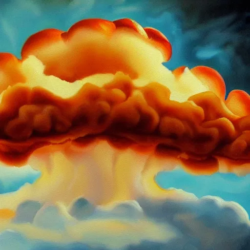 Image similar to mushroom cloud made of pizza. 4 k highly detailed oil painting.