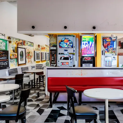 Prompt: photo of a white cafe interior with retro arcade machines on one side and tables on the other, 8 0 s art on the tall white walls, wide angle shot 4 k hdr