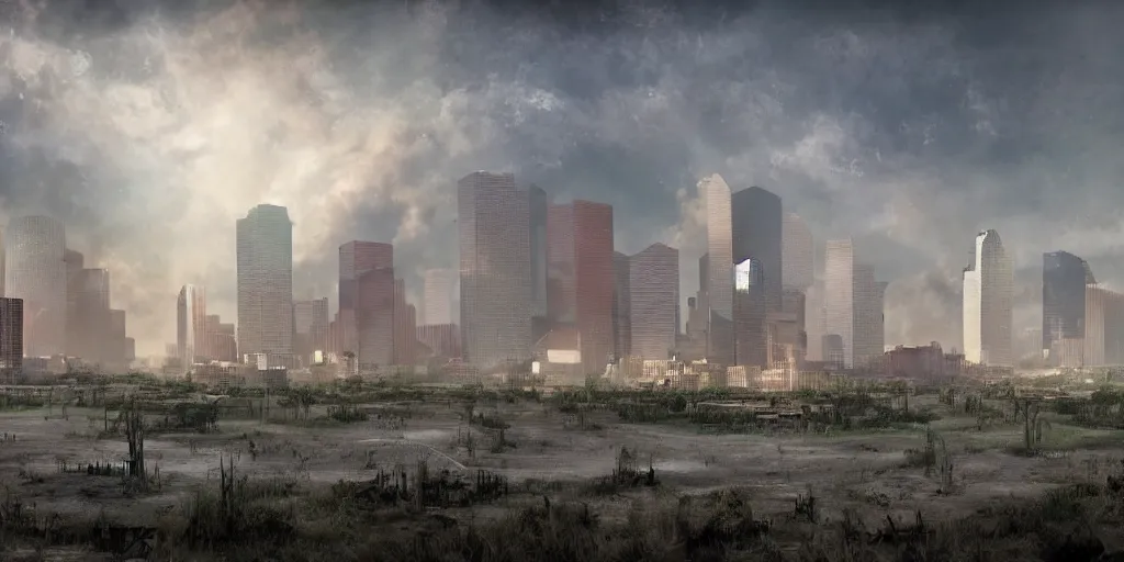 Image similar to Post apocalyptic houston texas matte painting concept art 4k