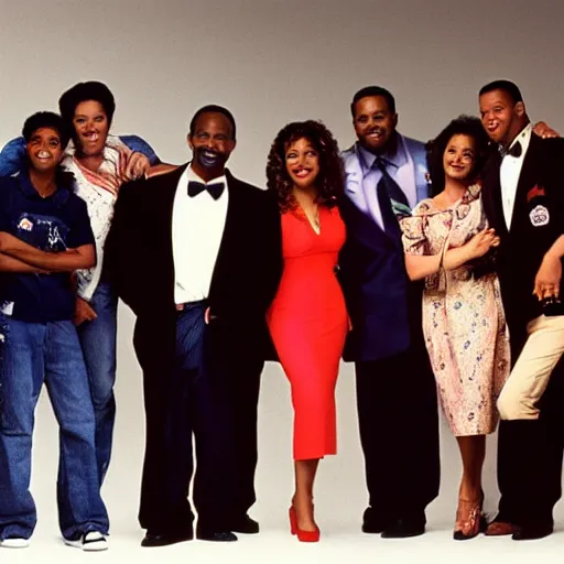 Image similar to will smith, alfonso ribeiro, james avery, karyn parsons, tatyana ali, joseph marcel, dj jazzy jeff, 1 9 9 0, publicity photo