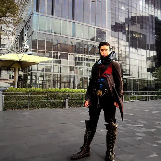 Image similar to dark wizard character from mu online webzen, staying at costanera center in santiago de chile, cyberpunk style