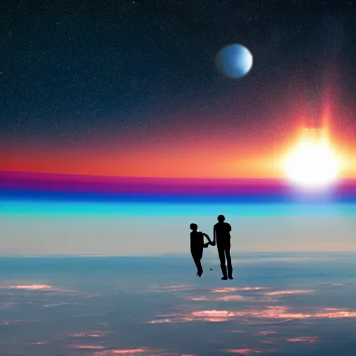 Image similar to silhouette of a gay couple looking at the sunrise from space