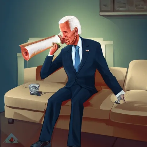 Prompt: joe biden holding a giant joint while sitting on a couch in a messed up apartment, stoned eyes, smoke, beautiful digital art, amazing detail, artstation, award winning, sharp