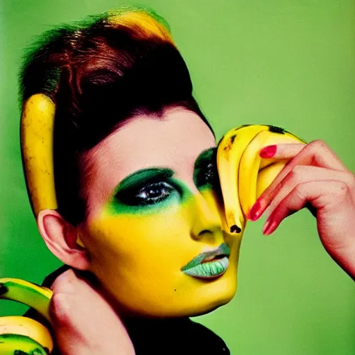 Prompt: a woman with green and yellow makeup holding bananas, a pop art painting by bert stern, trending on behance, pop art, pop art, surrealist, photoillustration