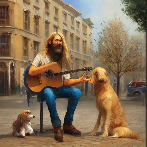 Image similar to oil painting of a young man with long hair blond and a beard hippie style with his golden retrever dog playing guitar in the square for money, people watching around, by greg rutkowski, artstation