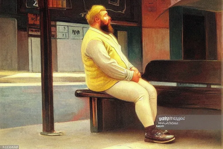Image similar to portrait of a chubby bearded young man with blond hair sitting alone on a bench in a New York City subway station, glowing with silver light, color by Franz Marc, highly detailed architecture by Jean-Léon Gérôme, by Winsor McCay, today's featured photograph, 16K