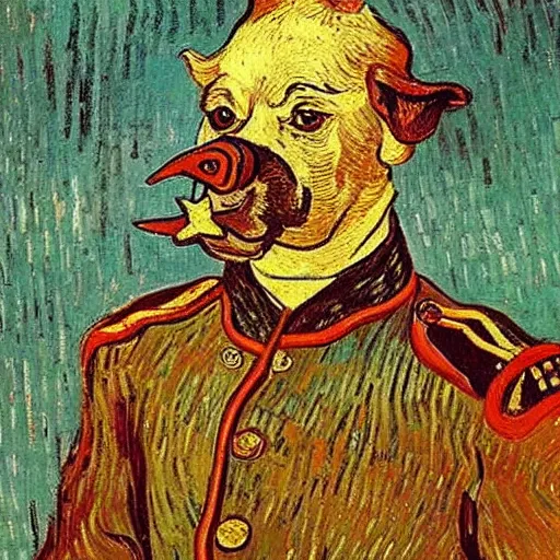 Prompt: a painting of a pig headed general wearing uniform, in the stlye of vincent van gogh,