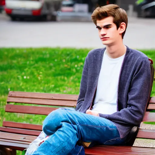 Prompt: photo of sad teenage andrew garfield sitting on a bench in a park, two crutches near bench, street of moscow, shallow depth of field, cinematic, 8 0 mm, f 1. 8