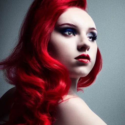 Image similar to Portrait of a young, stunningly beautiful woman with hair color divided into red and white on both sides, award-winning photo, 4k, 8k, studio lighting, Nikon D6, 35mm,