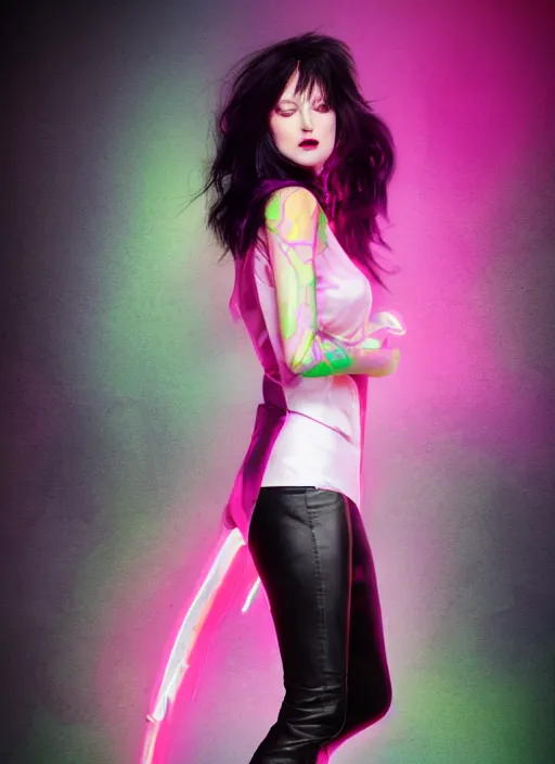 Image similar to a photo of 8 k ultra realistic a black haired female in high heels and a black leather jacket, pink, purple, green, yelow, red, blue, white neon, art by lise deharme