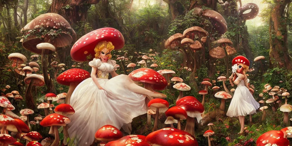 Image similar to princess peach roaming through a landscape, Mushroom Kingdom, Super Mario Theme, giant red and white spotted mushrooms, by Stanley Artgerm Lau , greg rutkowski, thomas kindkade, alphonse mucha, loish, norman Rockwell