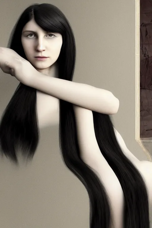 Prompt: ((((young woman's face)))), long black hair, pale skin, digital render, by Duchamp,