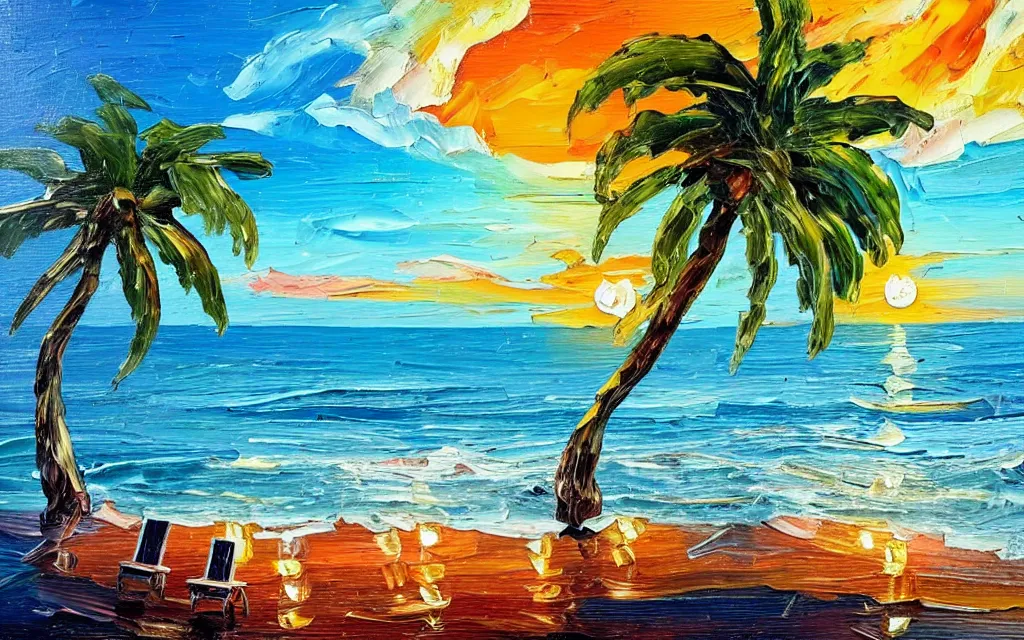 Image similar to in a big sea is a tiny island with a cute cozy cottage on it with a terrace, a paved courtyard with benches and string lights, palm trees, sunset, puffy clouds, dramatic and dynamic lighting, thick brush strokes oil impasto painting