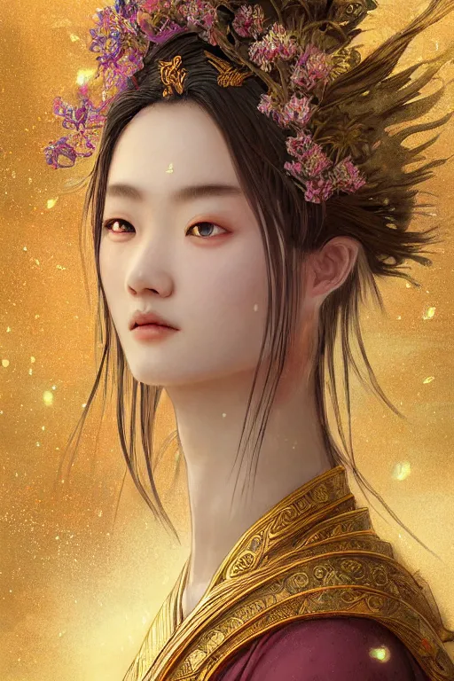 Image similar to beautiful ancient fantasy portrait of wuxia heroine like tzuyz twice, n forbidden City, hybrid from Dynasty Warriror, flowers sea rainning everywhere, intricate, very very beautiful, elegant, highly detailed, digital painting, beautiful glowing galaxy eyes, artstation, fantasy concept art, smooth, sharp focus, illustration, art by tian zi and alphonse mucha and WLOP