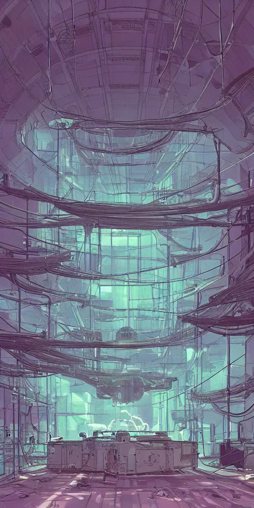 Image similar to experimental water tanks , mysterious laboratory, thick green mist, low ceiling, cables hanging from ceiling, thick cables on ground, god rays of light, huge computer screens, neons, saturated top light , epic scene, scifi, illustration, art by ghibli moebius