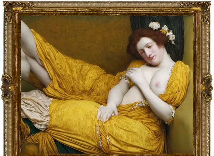 Image similar to portrait of lady reclining on bed wearing yellow ochre ornate medieval dress, framed, preraphaelite colour photography by frederic leighton, william morris, 8 k