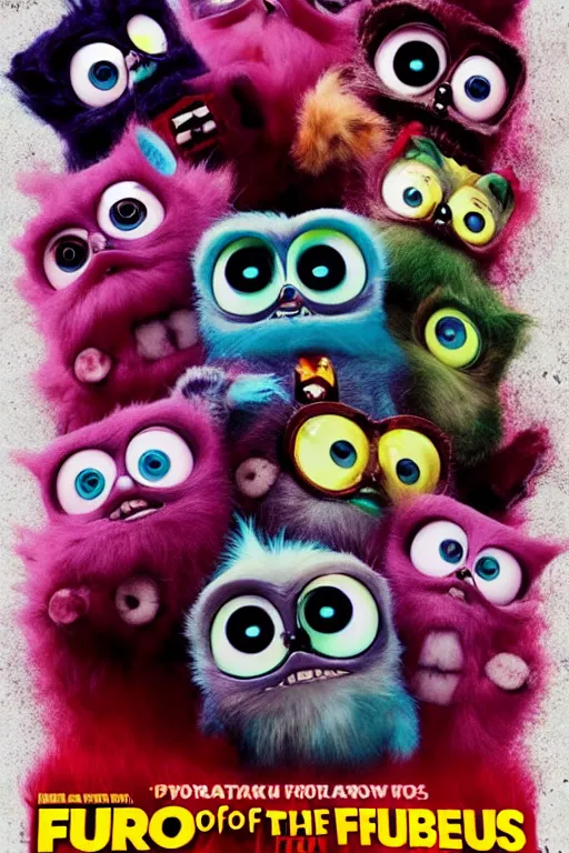 Image similar to horror movie poster for attack of the furbies!!!! furby!!! horrifying, scary movie