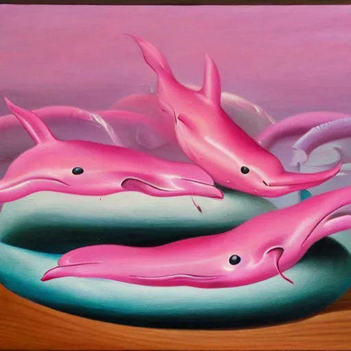 Image similar to a highly detailed oil painting of 3 pink dolphins, in a cheese world, 4 k, trending on art station, in the style of dali, boch, matisse caravaggio, comical