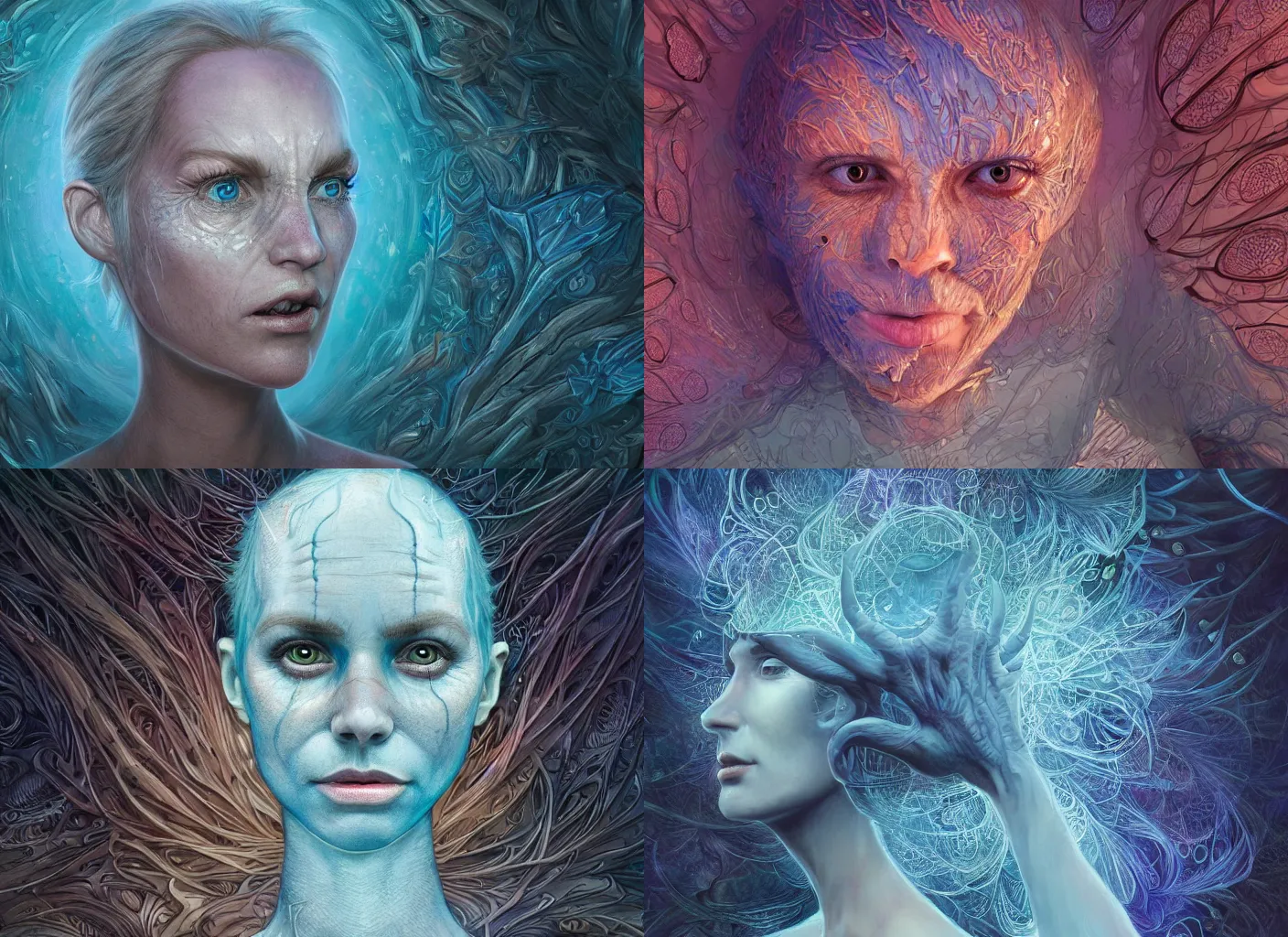 Prompt: realistic character concept, meeseeks with lots of fractals in the face, elegant pose, scifi, illustration, symmetrical face and body, artstation, cinematic lighting, hyperdetailed, 8 k, inspirate by michael shapcott, inspirate by melissa forman, insanely detailed and intricate, elegant, dark fractal background, vfx, art deco, postprocessing
