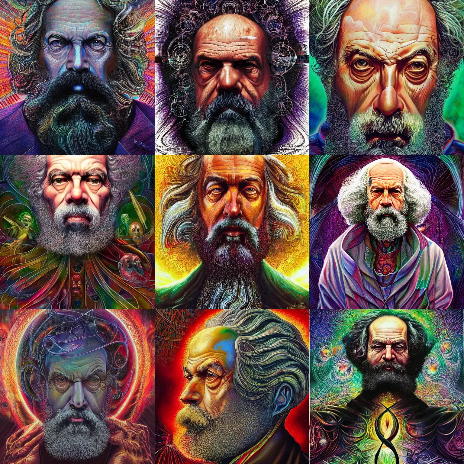 Prompt: a painting by android jones and alex Grey of a karl marx transcending his humanity and becoming one with everything