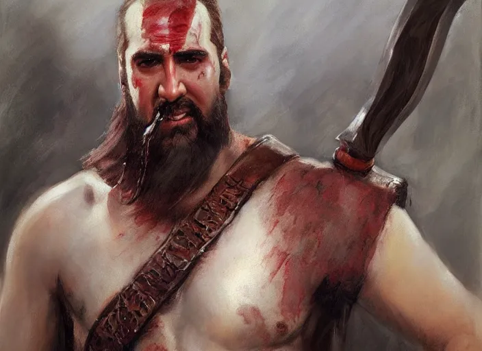 Prompt: a highly detailed beautiful portrait of nicolas cage as kratos, by gregory manchess, james gurney, james jean