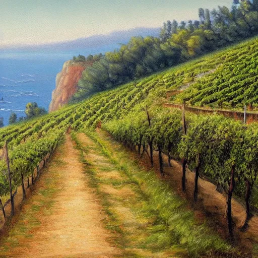 Image similar to highly detailed painting of a cliff side, at the bottom is a vineyard, thick brush strokes, visible paint layers.