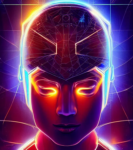 Image similar to symmetry!! egyptian prince of technology, solid cube of light, hard edges, product render retro - futuristic poster scifi, lasers and neon circuits, brown skin man egyptian prince, intricate, elegant, highly detailed, digital painting, artstation, concept art, smooth, sharp focus, illustration, dreamlike, art by artgerm