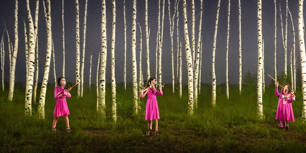 Image similar to young girl playing flute in the middle of a birch forest during a storm at night while lightning dragons race down toward her