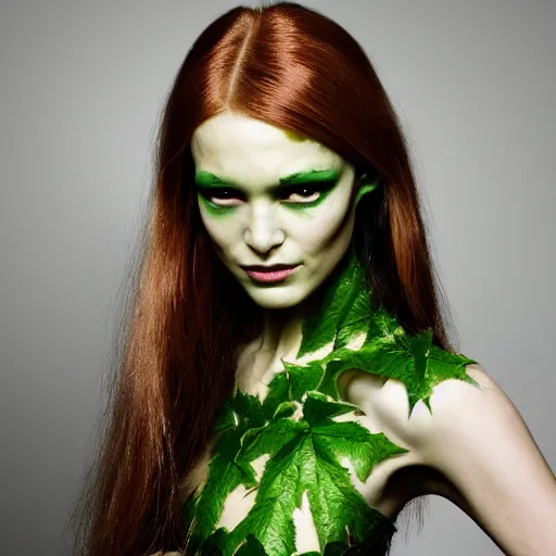 Image similar to A beautiful portrait of Daria Strokous smiling as Poison Ivy from Batman as a Versace fashion model Spring/Summer 2010, highly detailed, in the style of cinematic, Getty images, Milan fashion week backstage, Extreme close up, Makeup by Pat McGrath, Hair by Guido Palau, Greg rutkowski