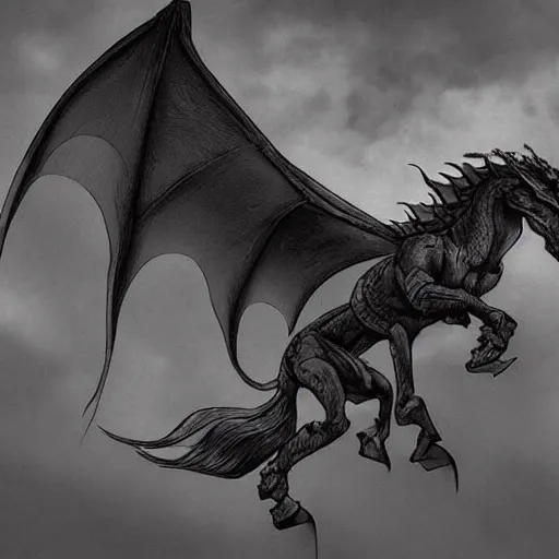 Image similar to “a flying horse that looks like a dragon, in the style of Hajime Isayama”