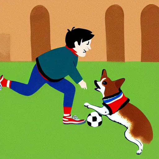 Image similar to illustration of french boy in paris playing football against a corgi, the dog is wearing a polka dot scarf