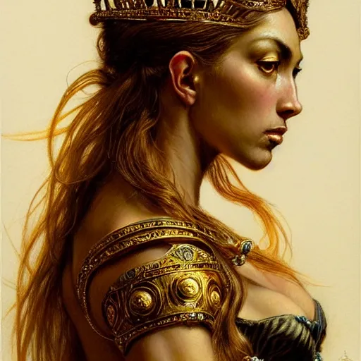 Prompt: highly detailed portrait of a majestic lioness queen in the form of a beautiful woman. d & d. art by eugene delacroix and donato giancola. trending on artstation, intricate details, energetic composition, golden ratio, concept art, illustration, elegant art, global illuminaition